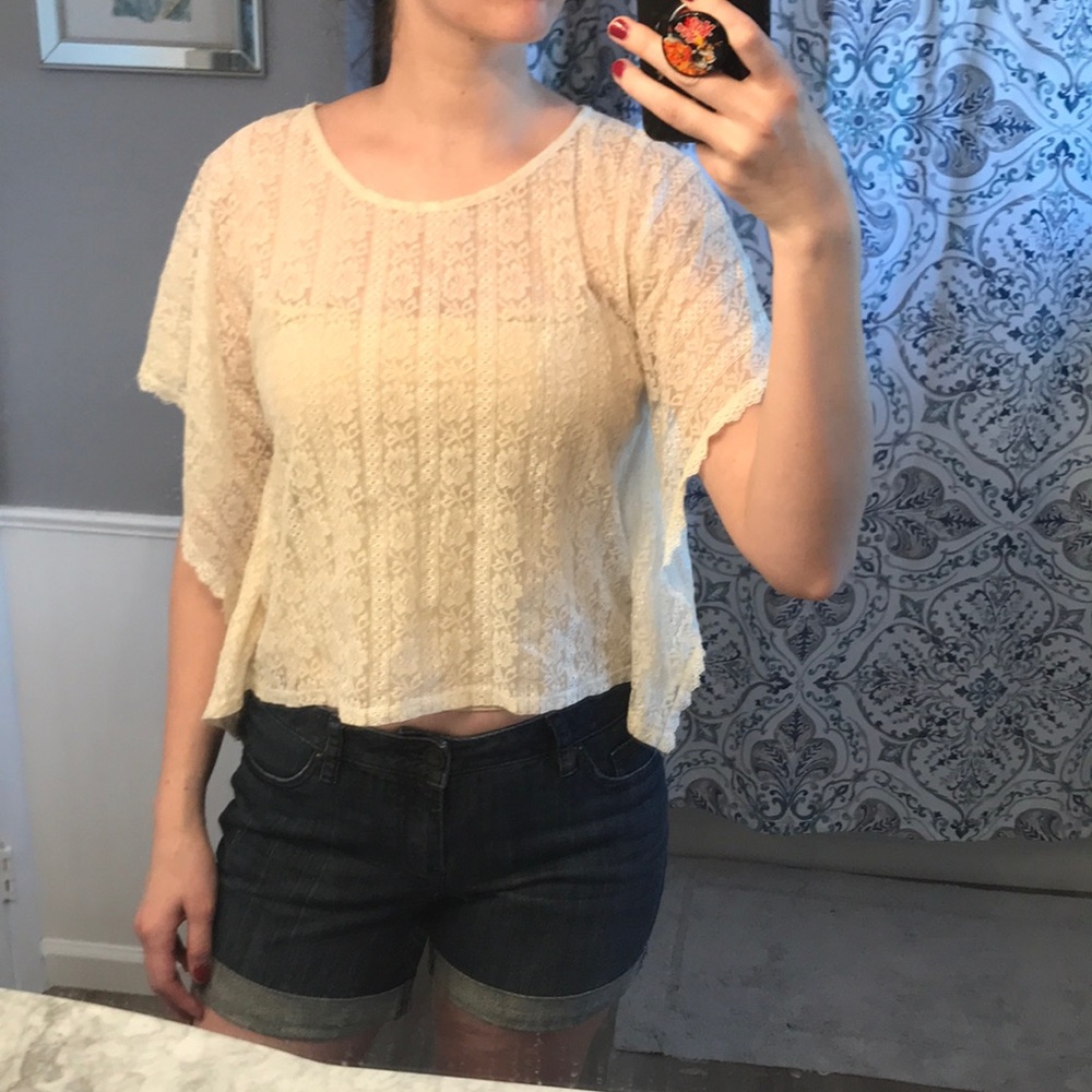 Sheer lace flowy white crop top blouse